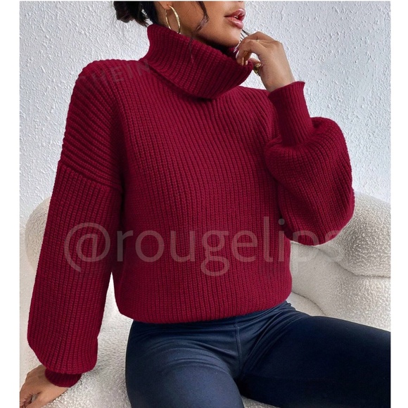 Burgundy Turtleneck Knit Pullover Sweater Long Sleeve - Picture 3 of 8